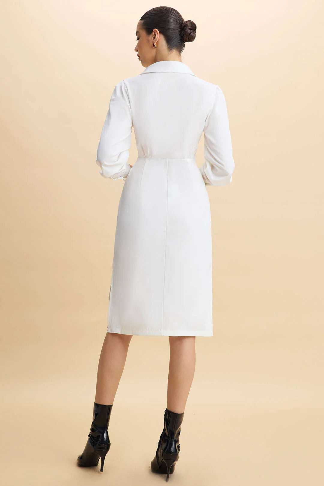 Solid Waist-Cinched Ruched Long-Sleeve Midi Dress