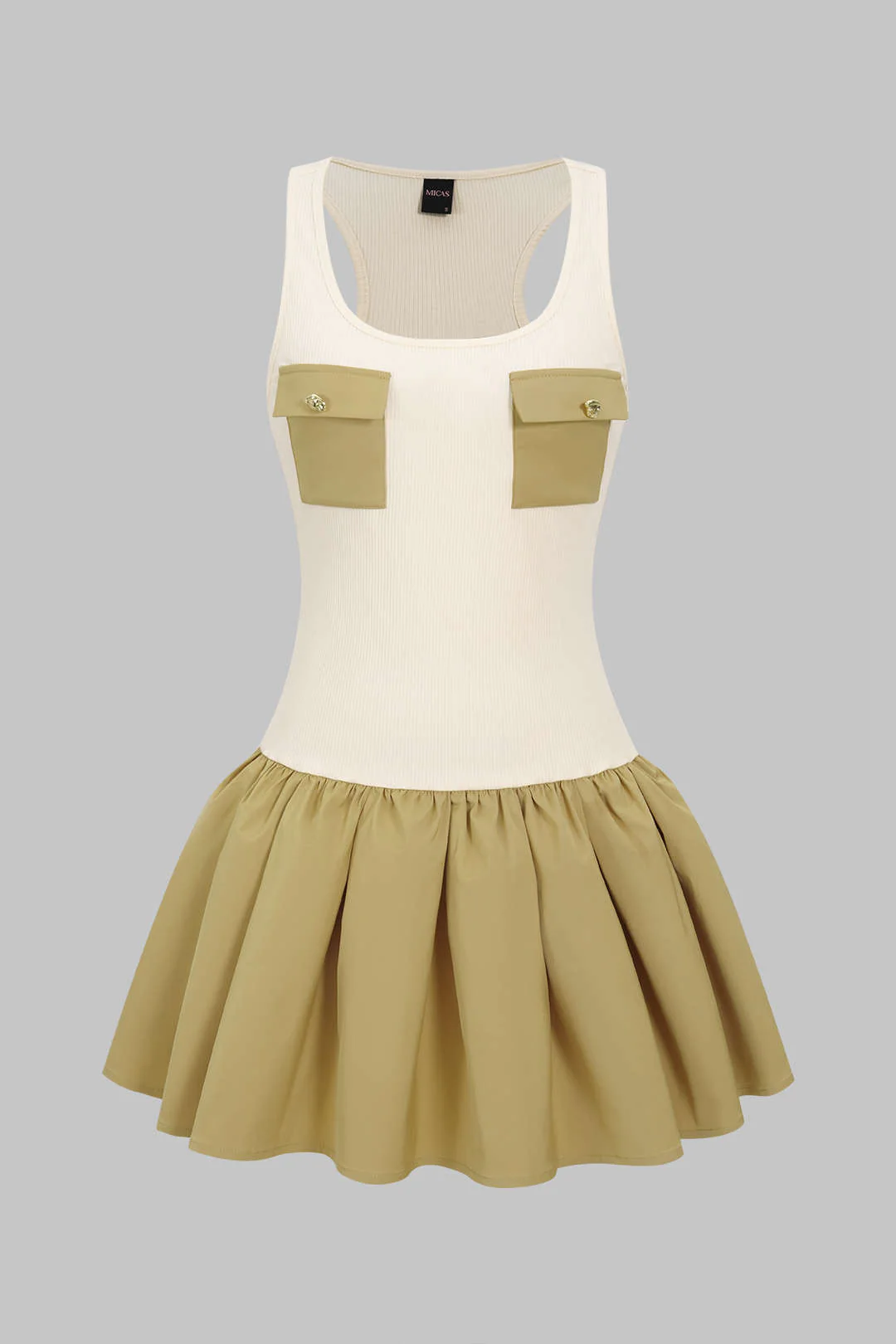 Patchwork Ruched Pocket Sleeveless Mini Dress