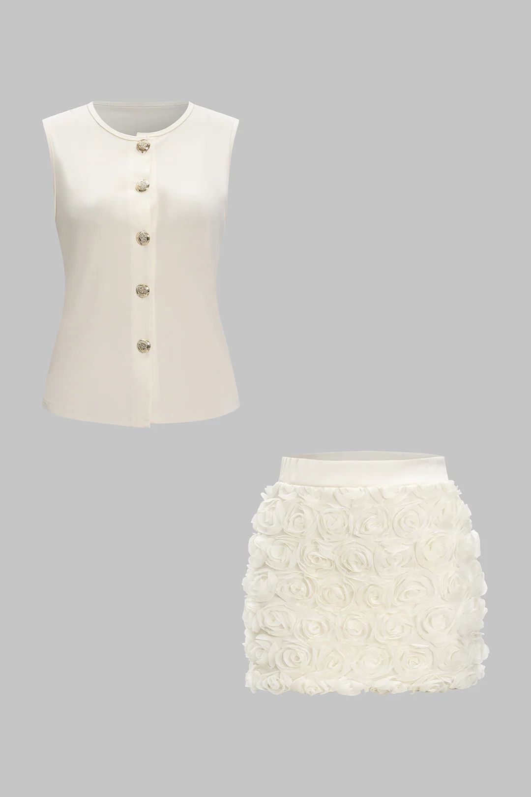 Metallic Button Sleeveless Tank Top and 3D Floral Skirt Ensemble