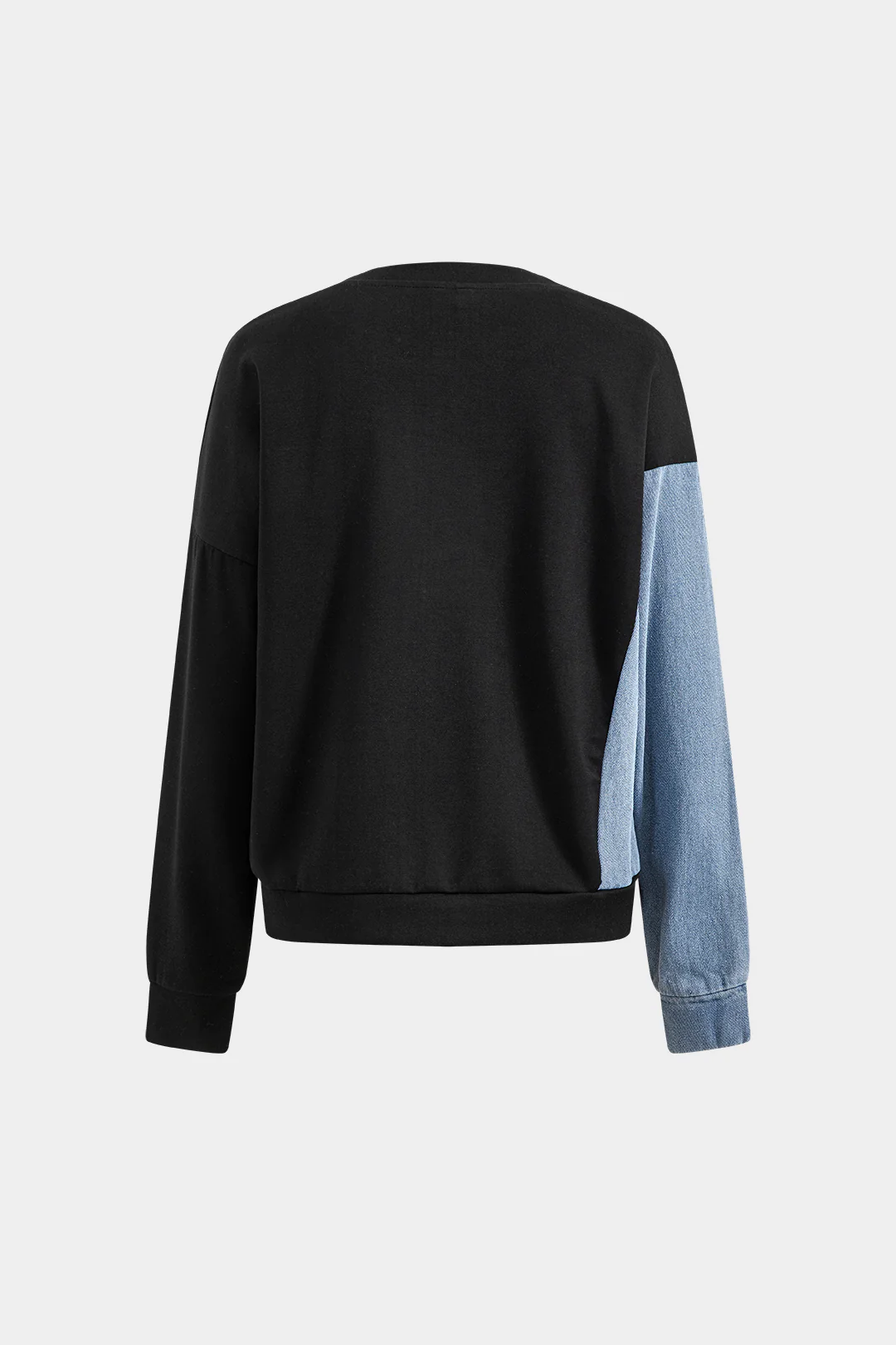 Denim Patchwork Round Neck Long Sleeve Top with Drawstring Pocket Trousers Set