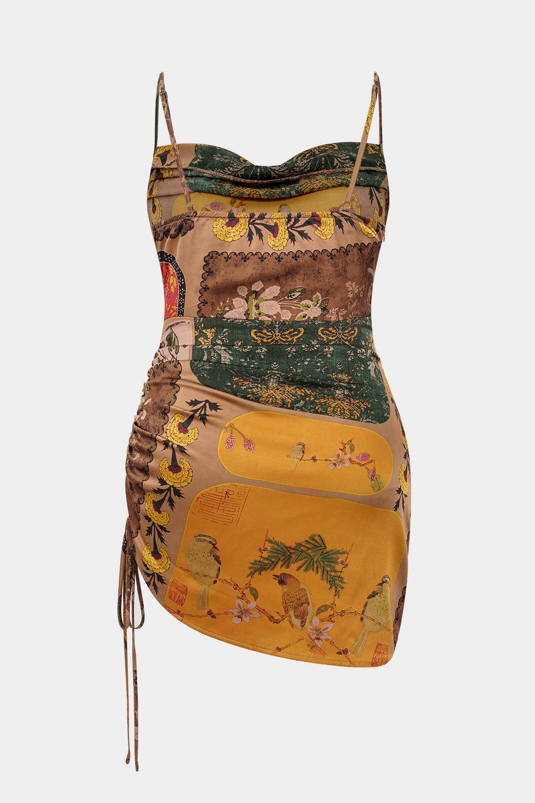 Plus Size Bohemian Print Cowl Neck Ruched Sleeveless Mini Dress