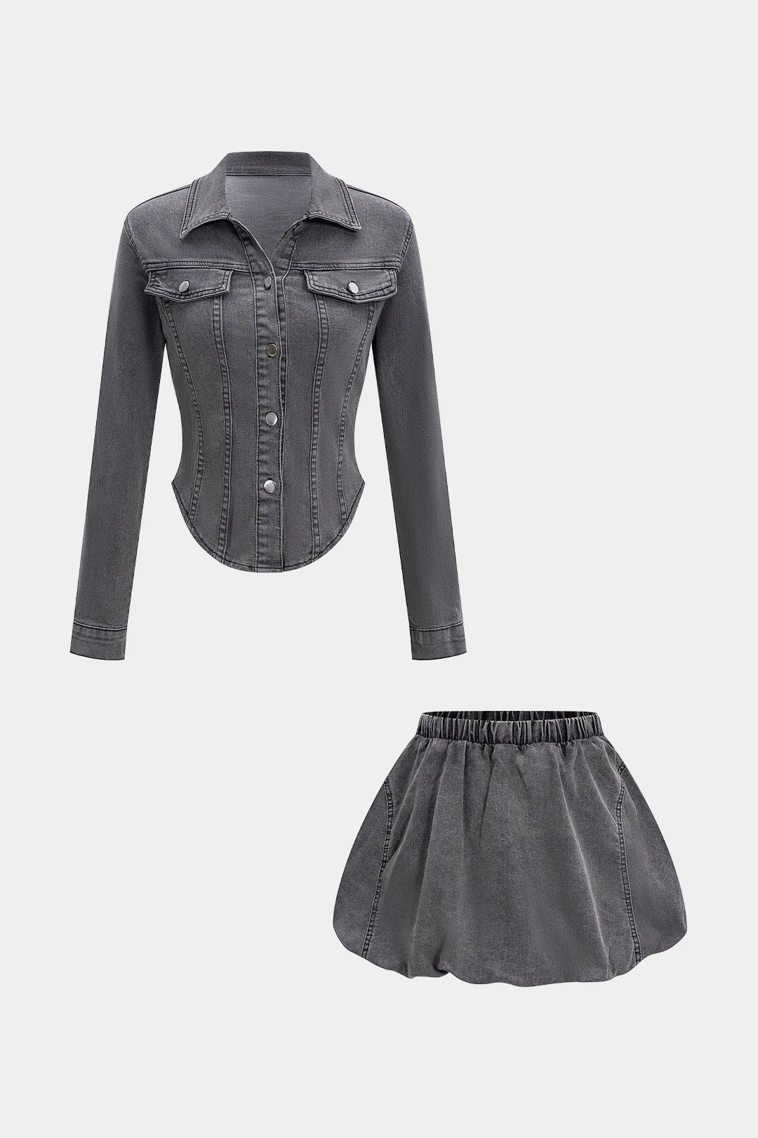 Denim Washed Button Stitching Detail Fake Pocket Long-Sleeve Top And Puff Mini Skirt Set