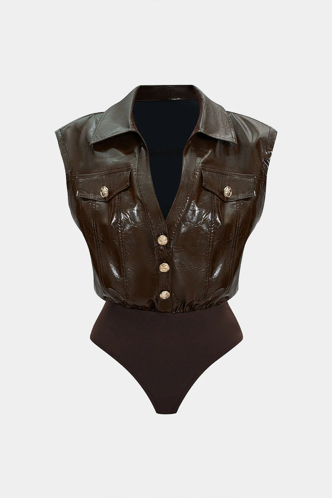 Faux Leather Button Patchwork Sleeveless Bodysuit
