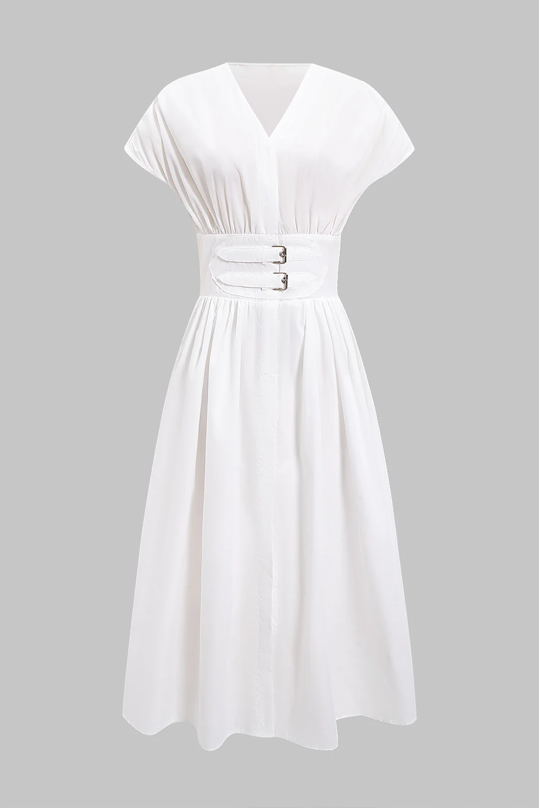 V-Neck Belted Ruched Short-Sleeve Midi Dress