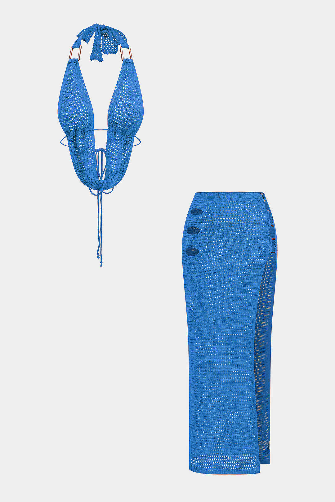 Knit Backless Tie Back Halter Top And High Slit Skirt Set