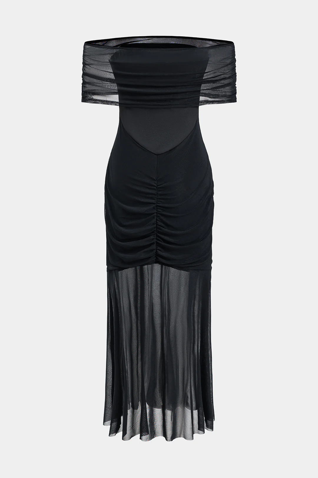 Mesh Off-the-Shoulder Ruched Long Dress
