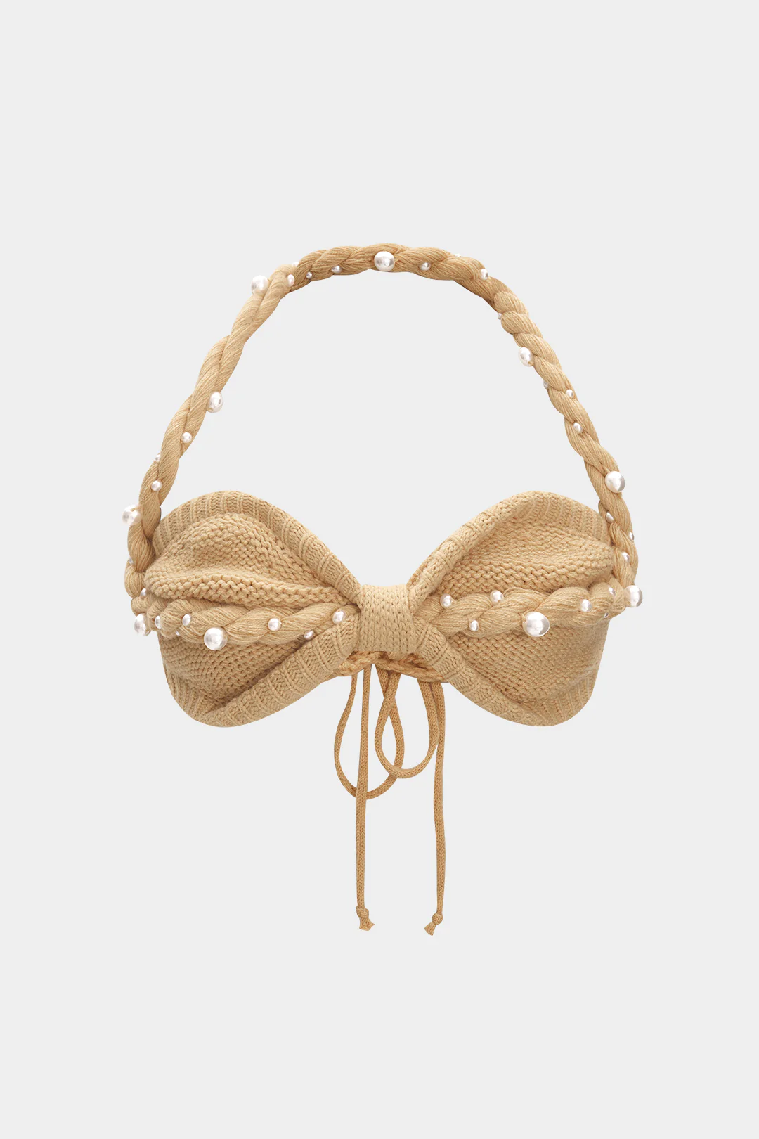 Knit Pearls Decor Halter Neck Braided Tie-Up Tank Top