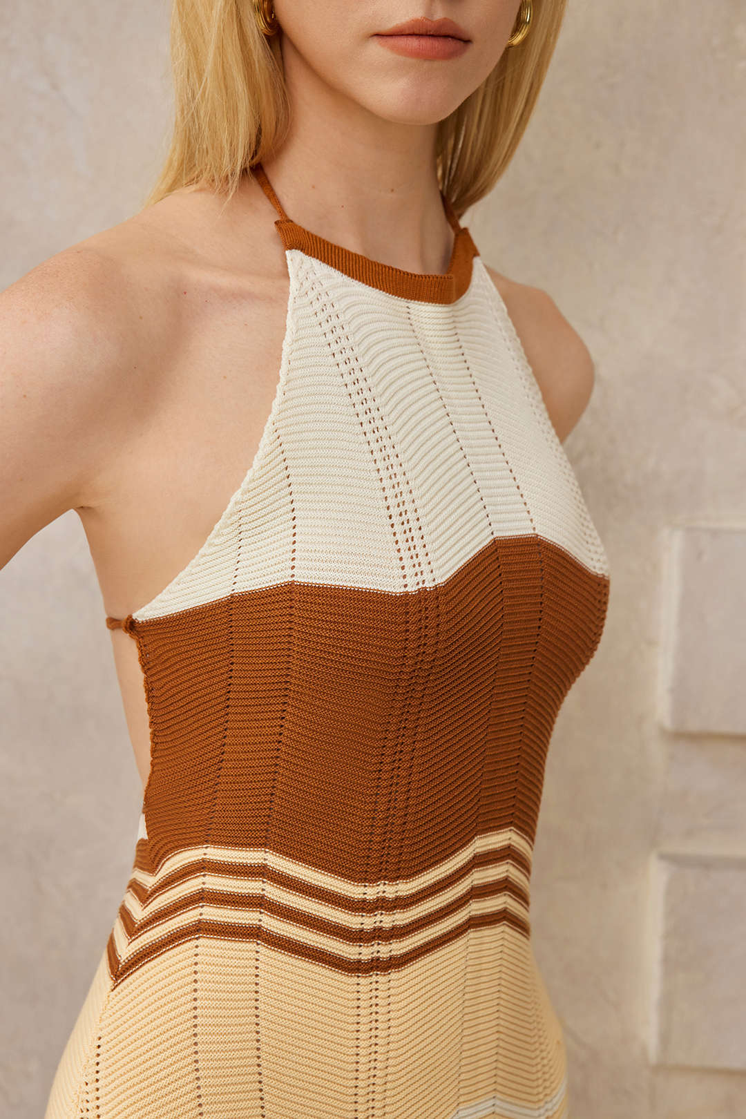 Knit Contrast Backless Sleeveless Halter Neck Slit Dress