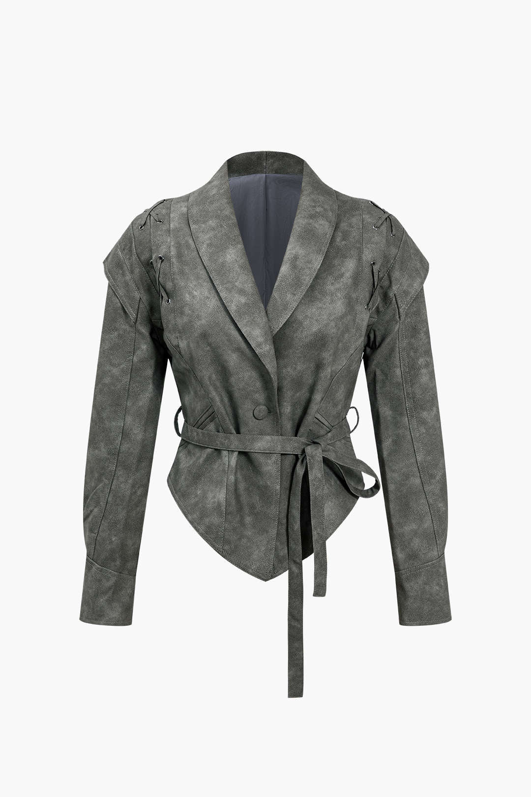 Faux Leather Tie-Front Button Crossed Jacket