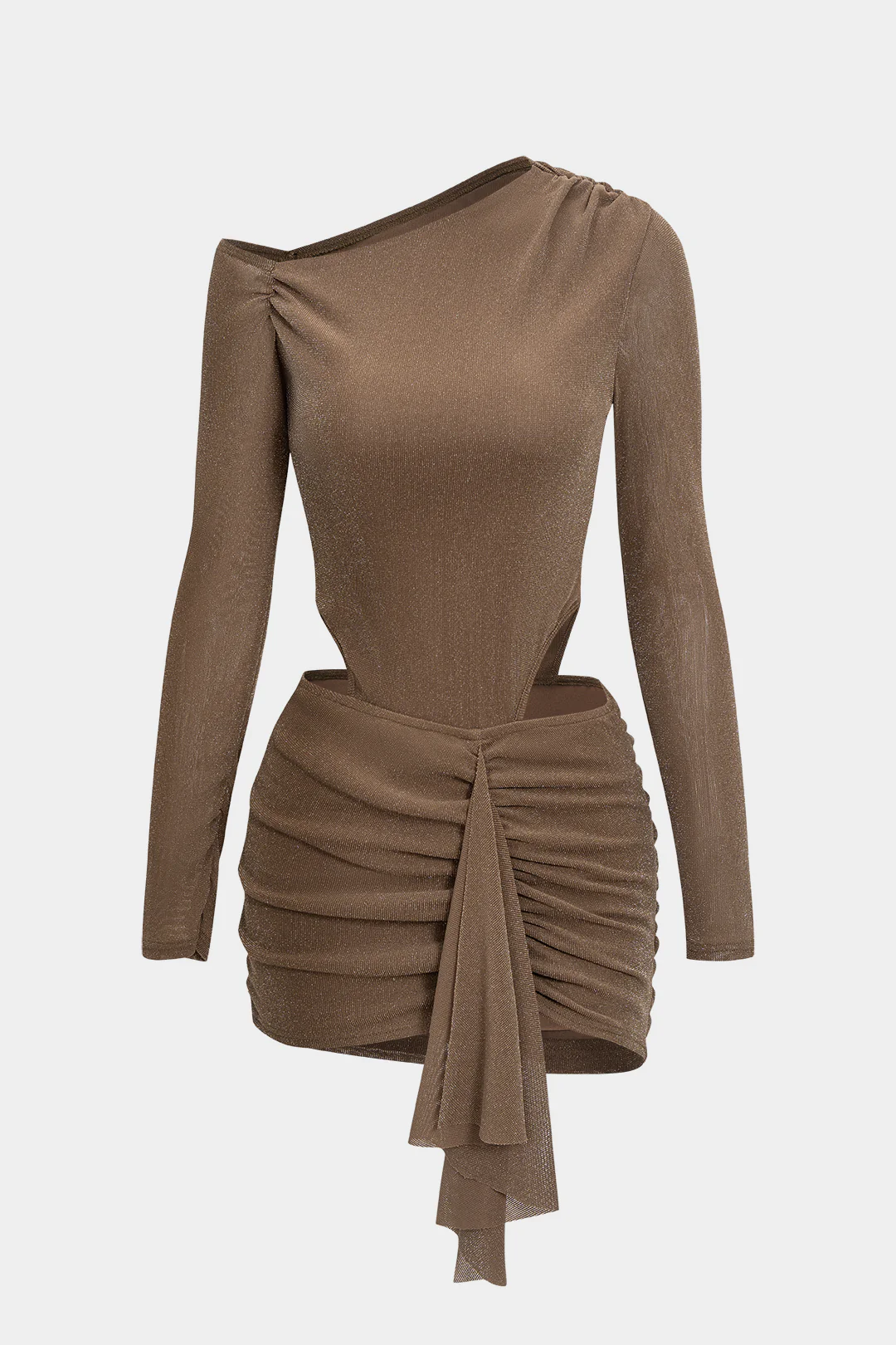 Asymmetrical Neck Cut Out Ruched Long Sleeve Mini Dress
