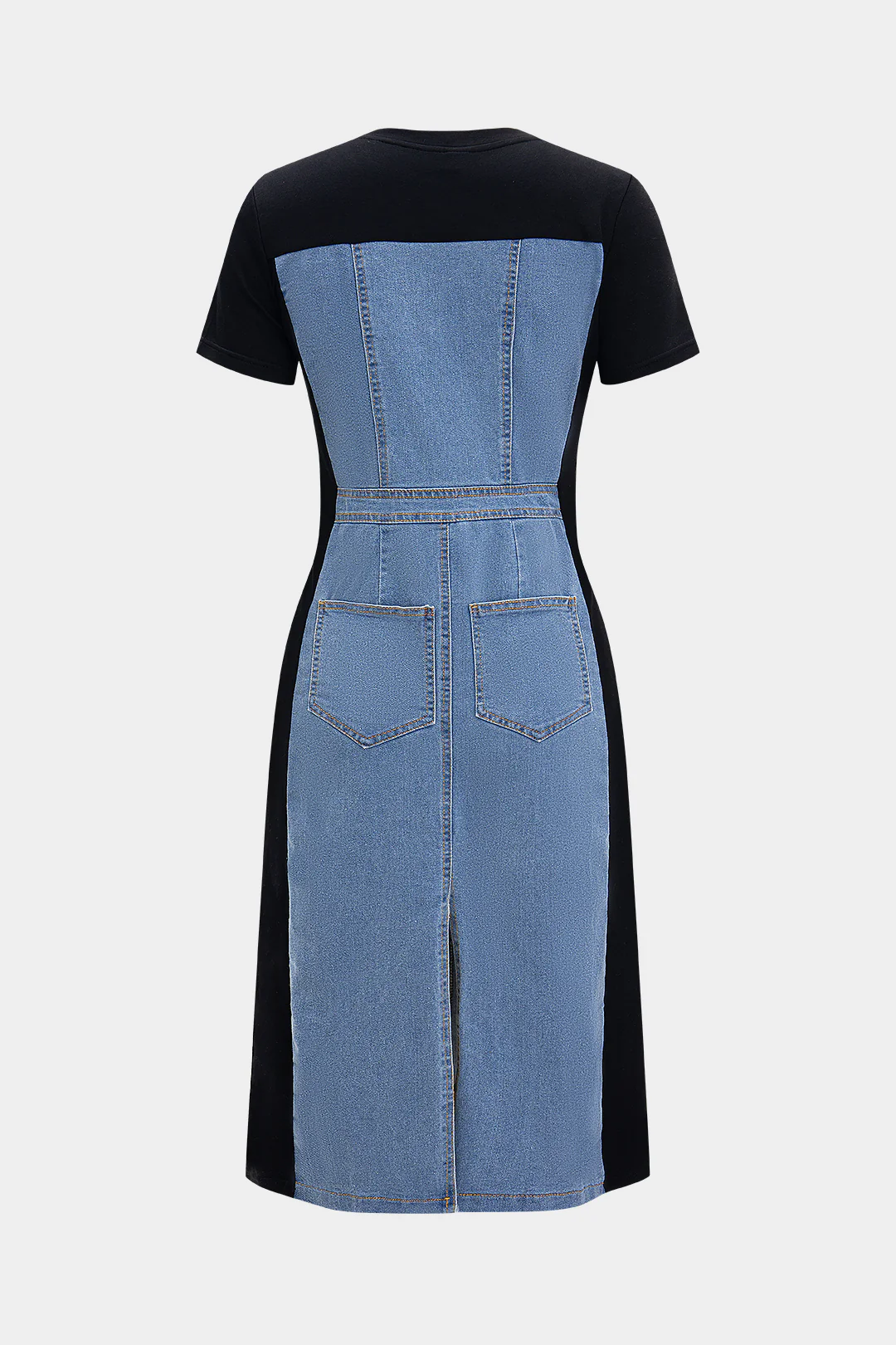 Denim Patchwork Pocket Short Sleeve Slit Dress