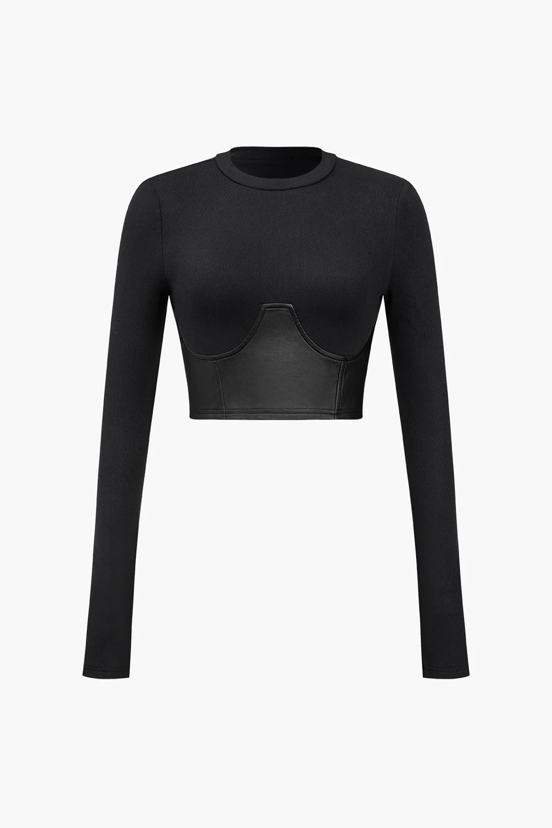 Faux Leather Patchwork Long-Sleeved Top