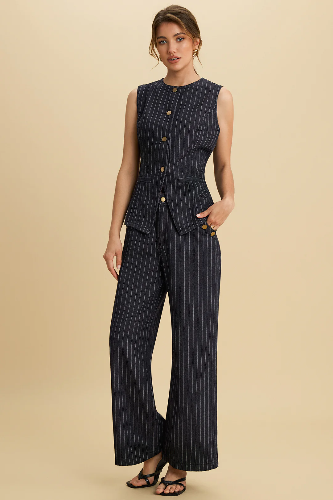 Denim Striped Print Button Tank Top