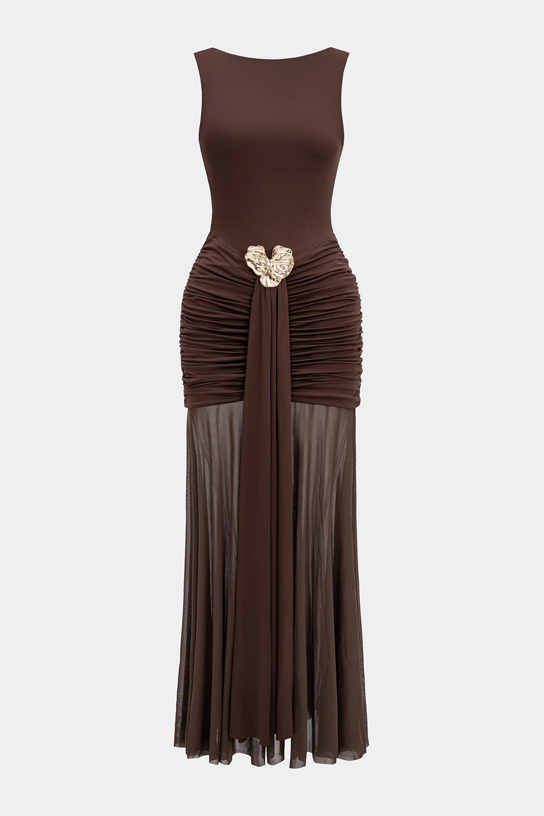 Mesh Metallic Decorated Ruched Backless Sleeveless Maxi Dress