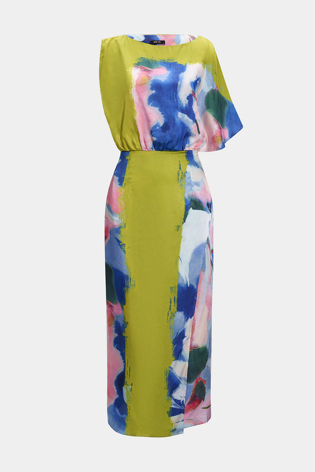 Abstract Pattern Satin Asymmetrical Short Sleeve Long Dress