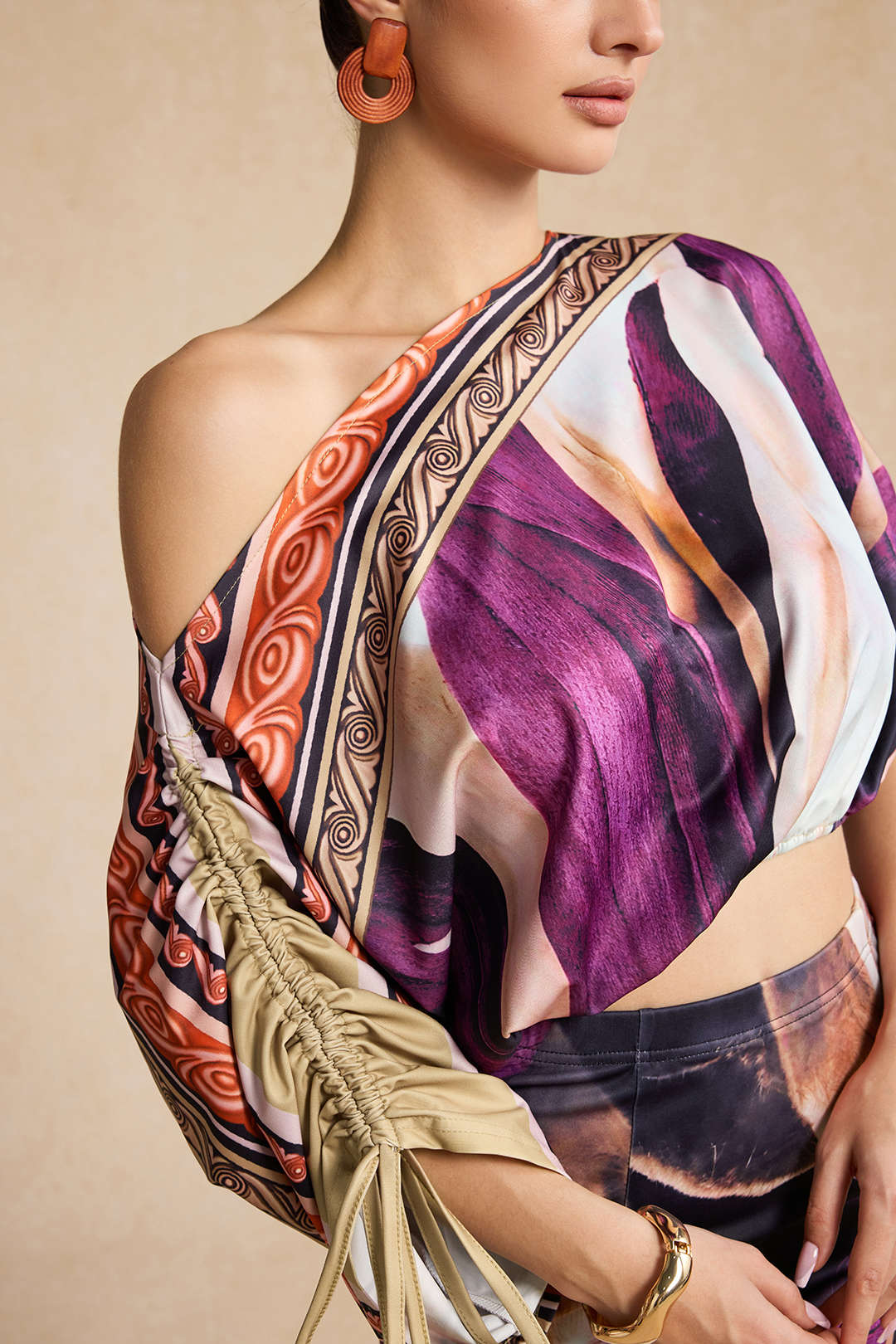 Abstract Floral Print Long Sleeve Top and Midi Skirt Combo