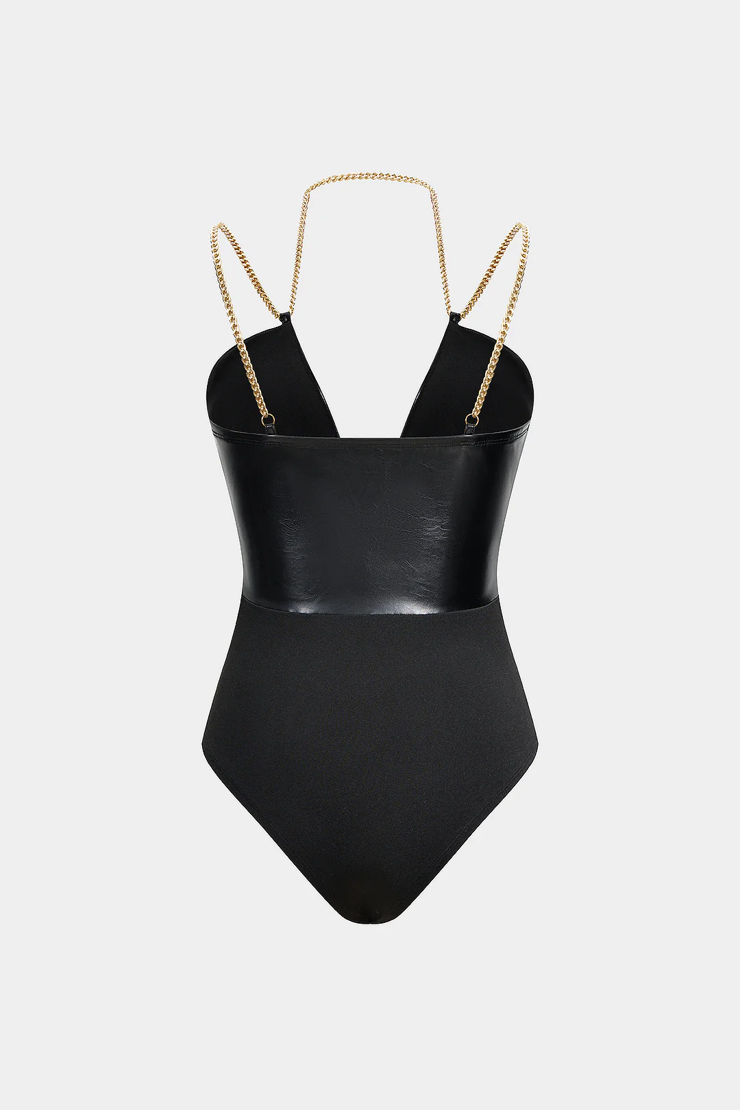 Faux Leather Chain Patchwork Sleeveless V-Neck Bodysuit