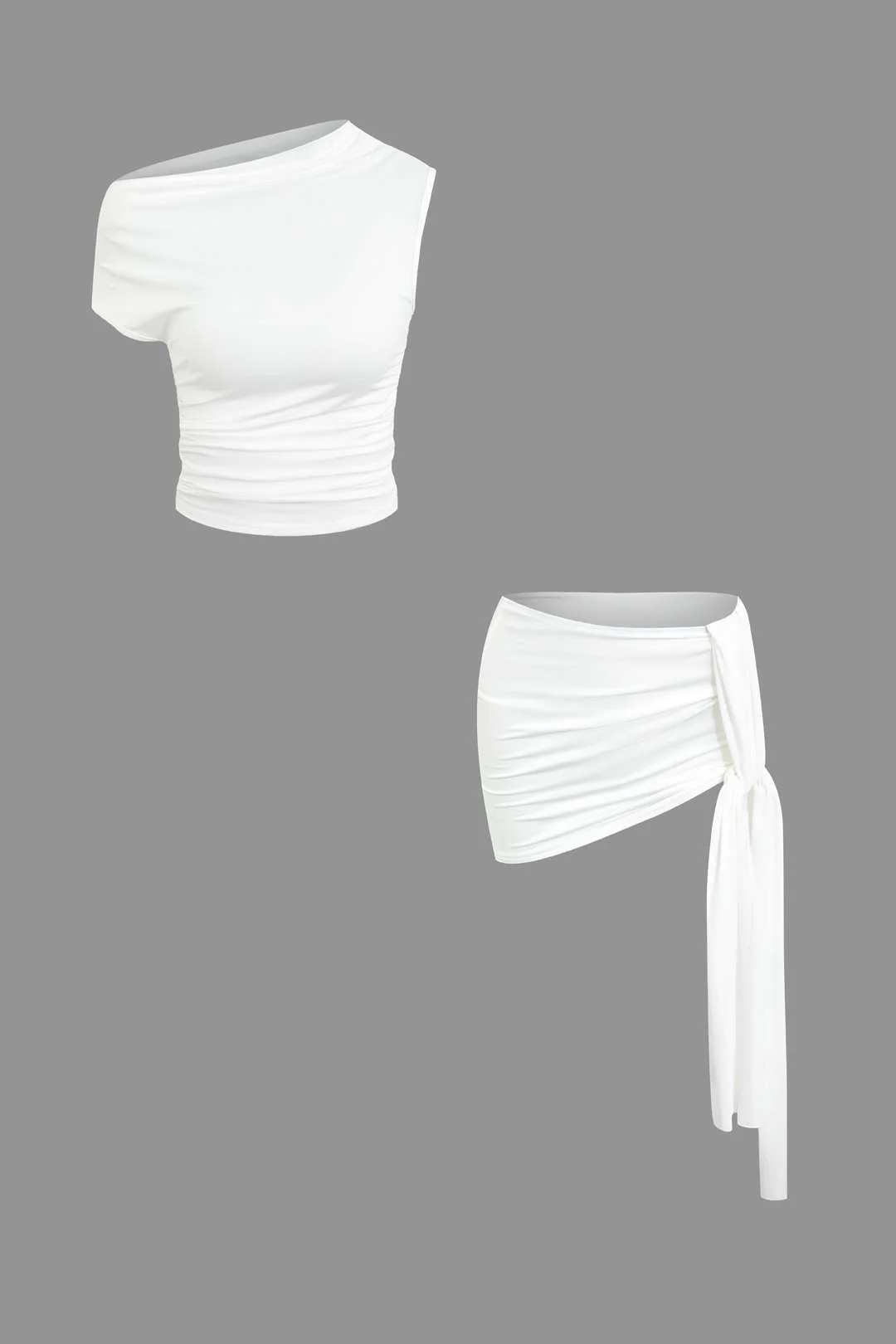 Asymmetrical Ruched Crop Top and Tie Mini Skirt Set