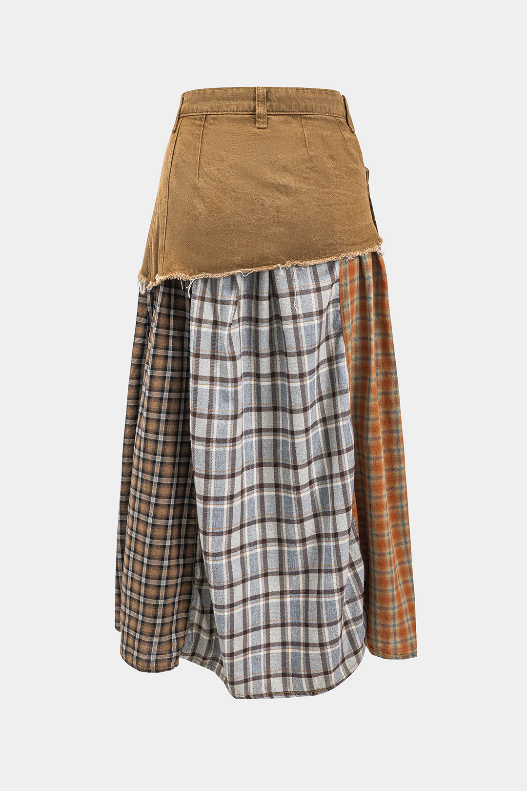Color Block Plaid Print Denim Patchwork Asymmetrical Skirt