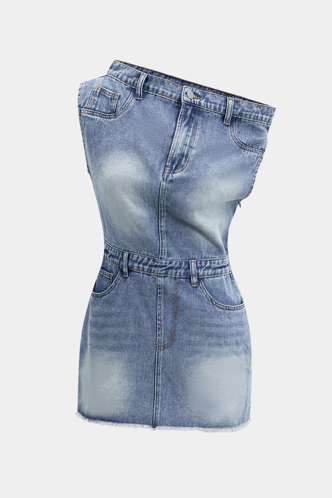 Denim Asymmetric Neckline Mini Dress