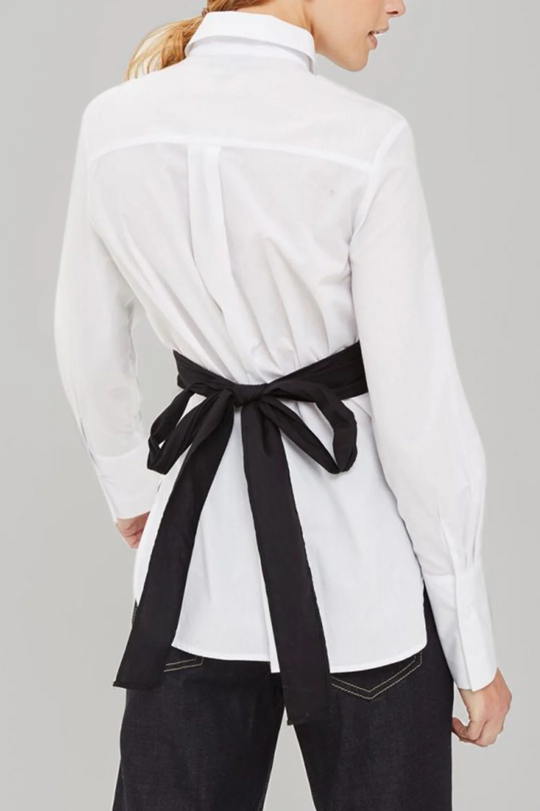 Faux Leather Patchwork Tie-Back Long-Sleeve Shirt