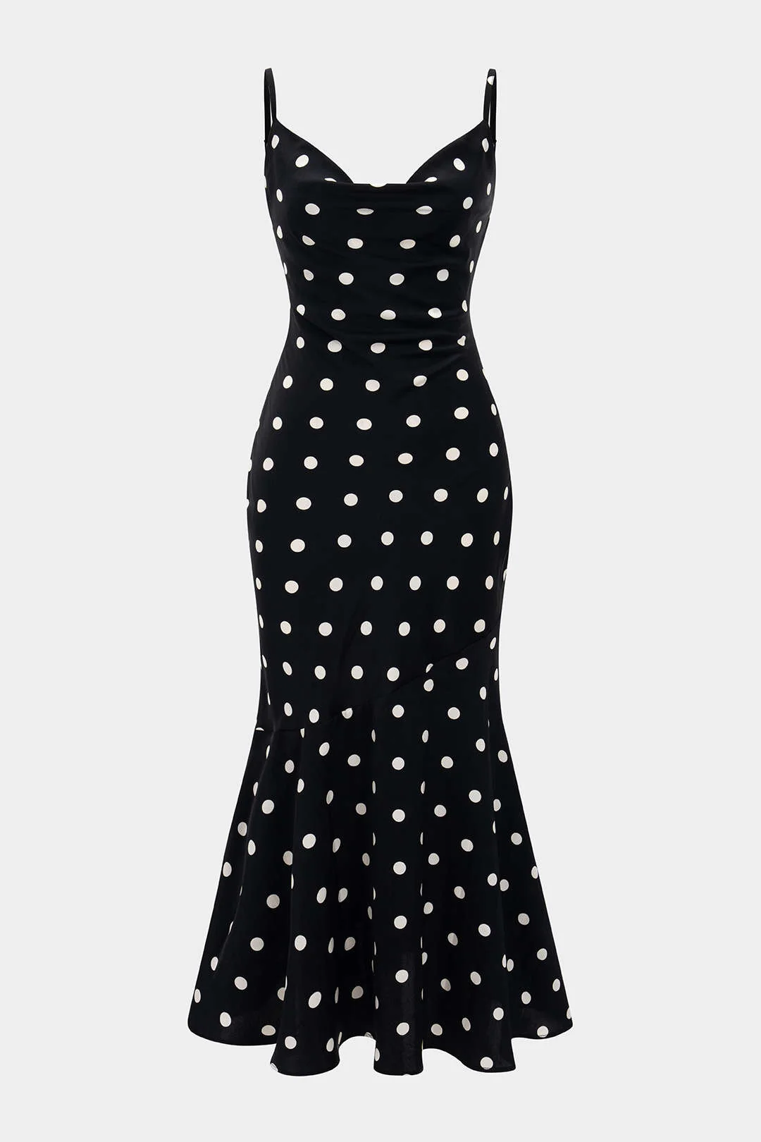 Contrast Polka Dots Print Cowl Neck Slip Sleeveless Midi Dress