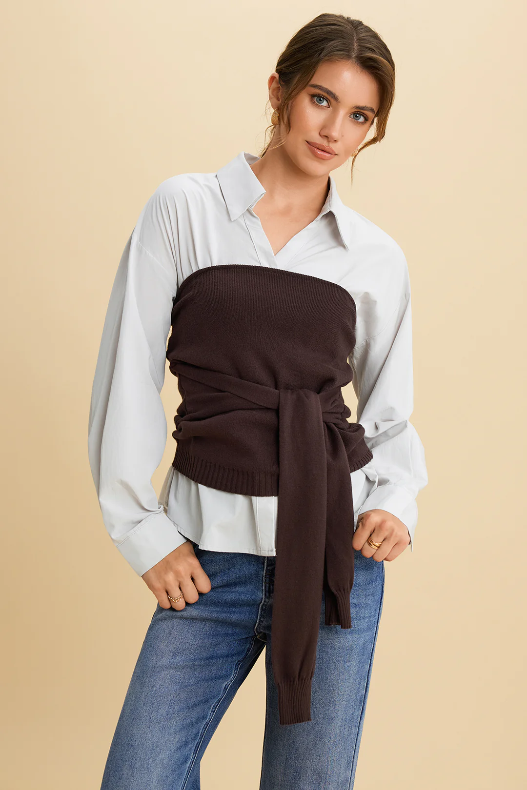 Solid Patchwork Knit Front-Tie Long Sleeve Top