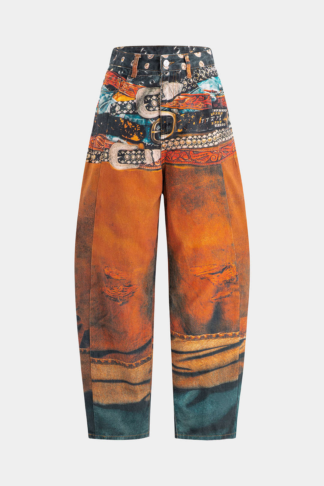 Retro Print Denim Barrel Jeans