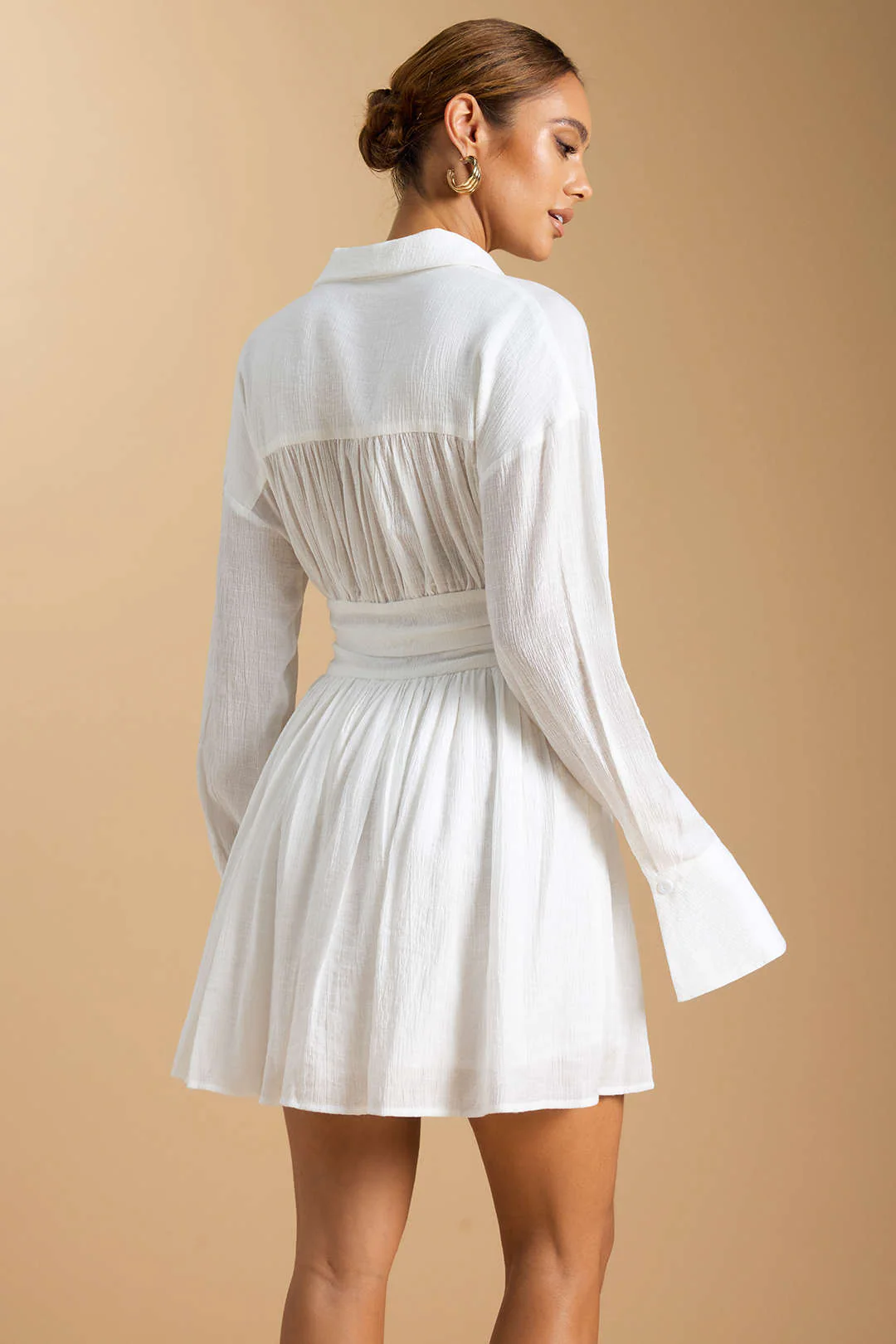 Button-Ruched Long-Sleeve Mini Dress