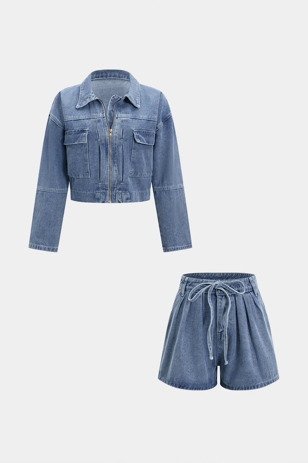 Denim Zipper Pocket Long-Sleeve Top And Tie-Up Jorts Set