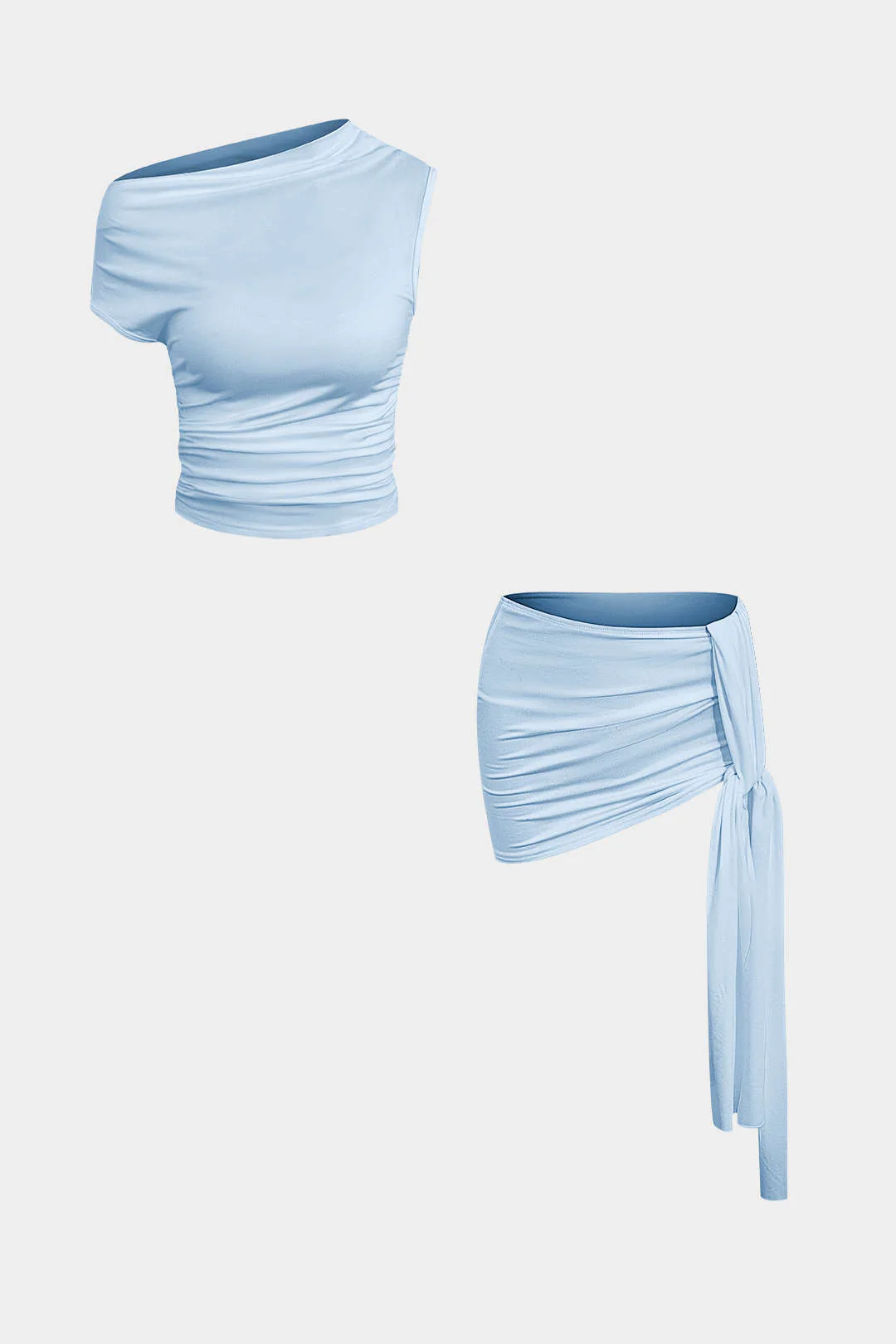 Asymmetrical Ruched Crop Top and Tie Mini Skirt Set