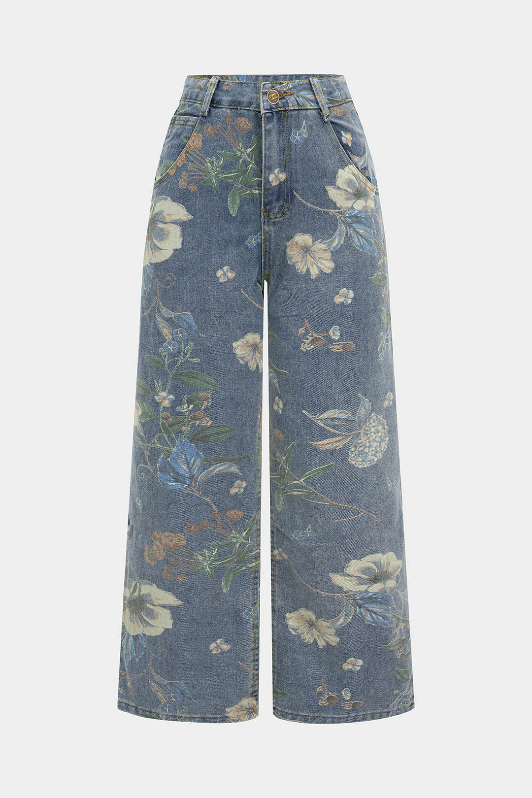 Retro Floral Print Denim Button Pocket Wide Leg Jeans