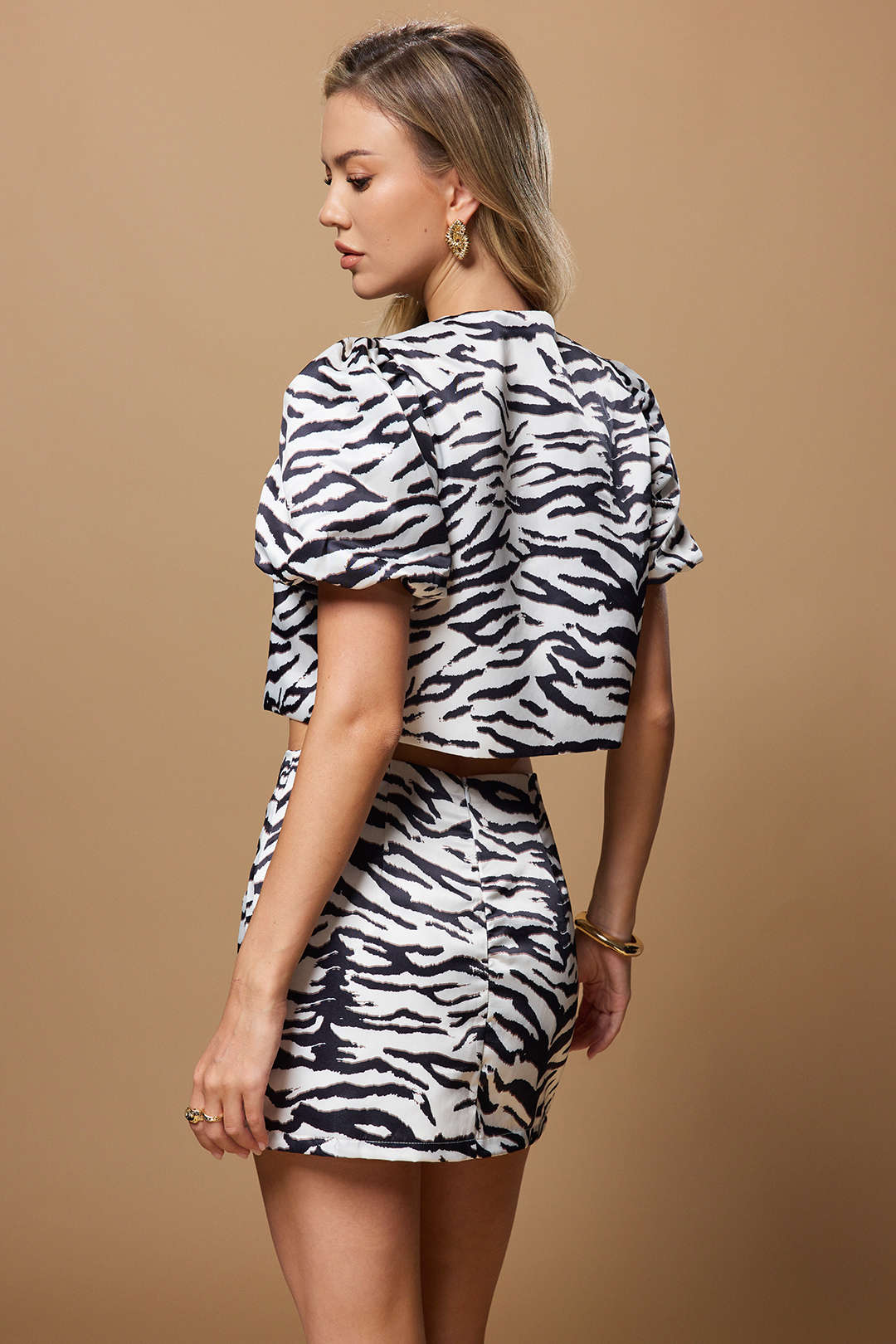 Zebra Stripe Print Metallic Button Short Sleeve Top