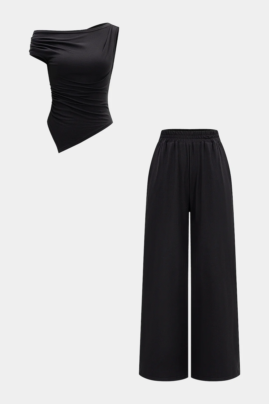 Asymmetrical Ruched Tank Top and Wide-Leg Trousers Set