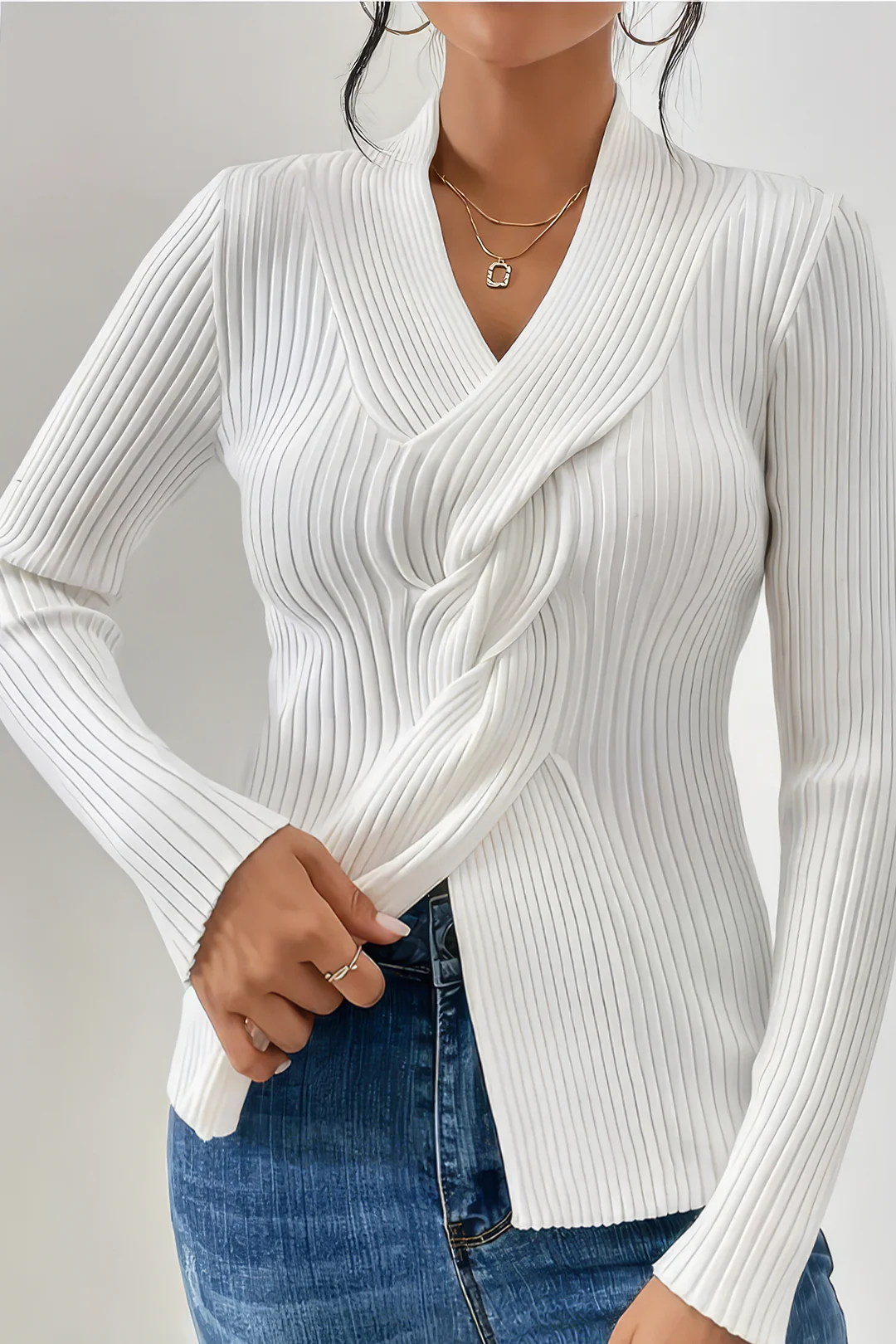 Solid Knitted V-Neck Long-Sleeve Top