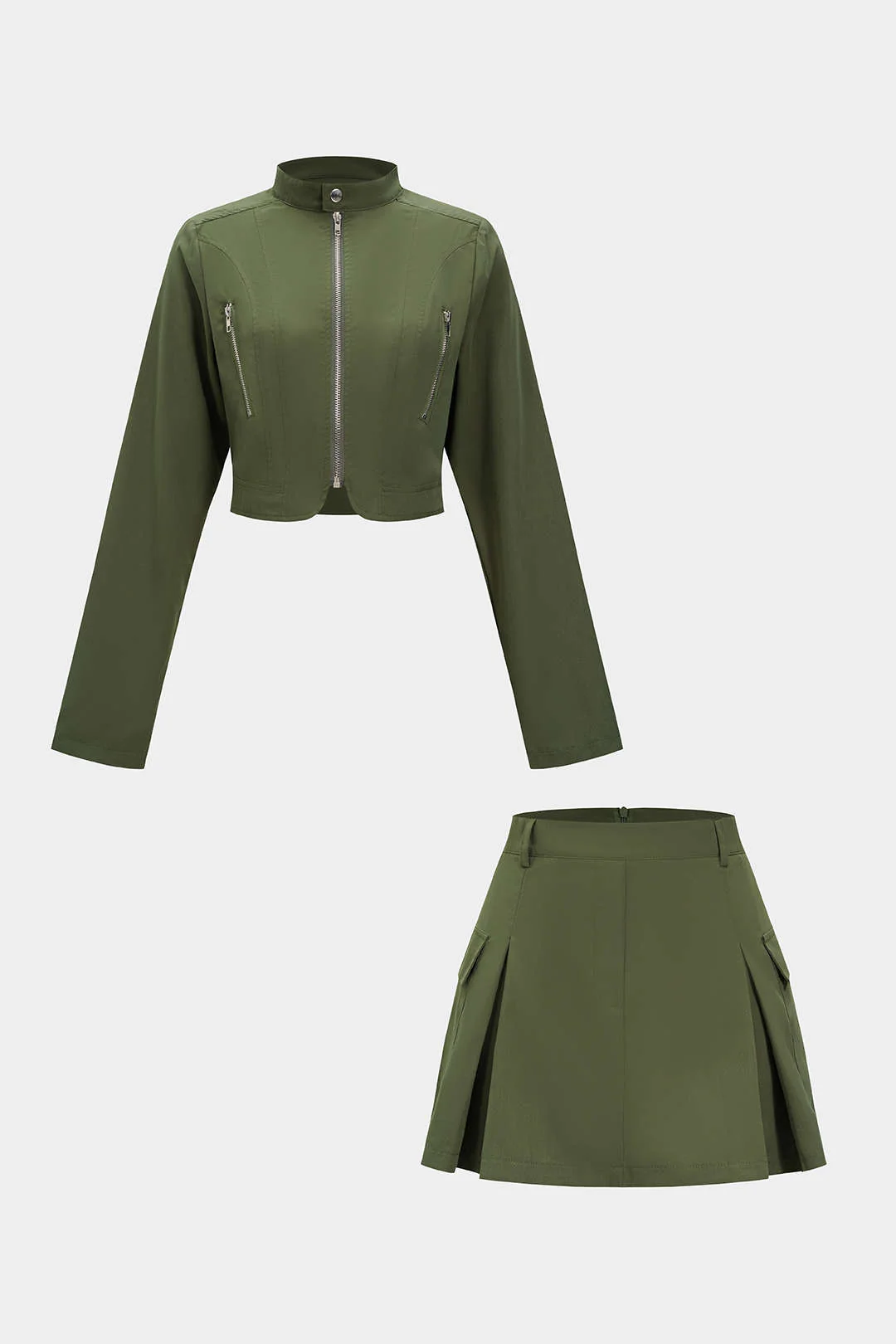 Zipper Long Sleeve Top and High Waist Skirt Combination