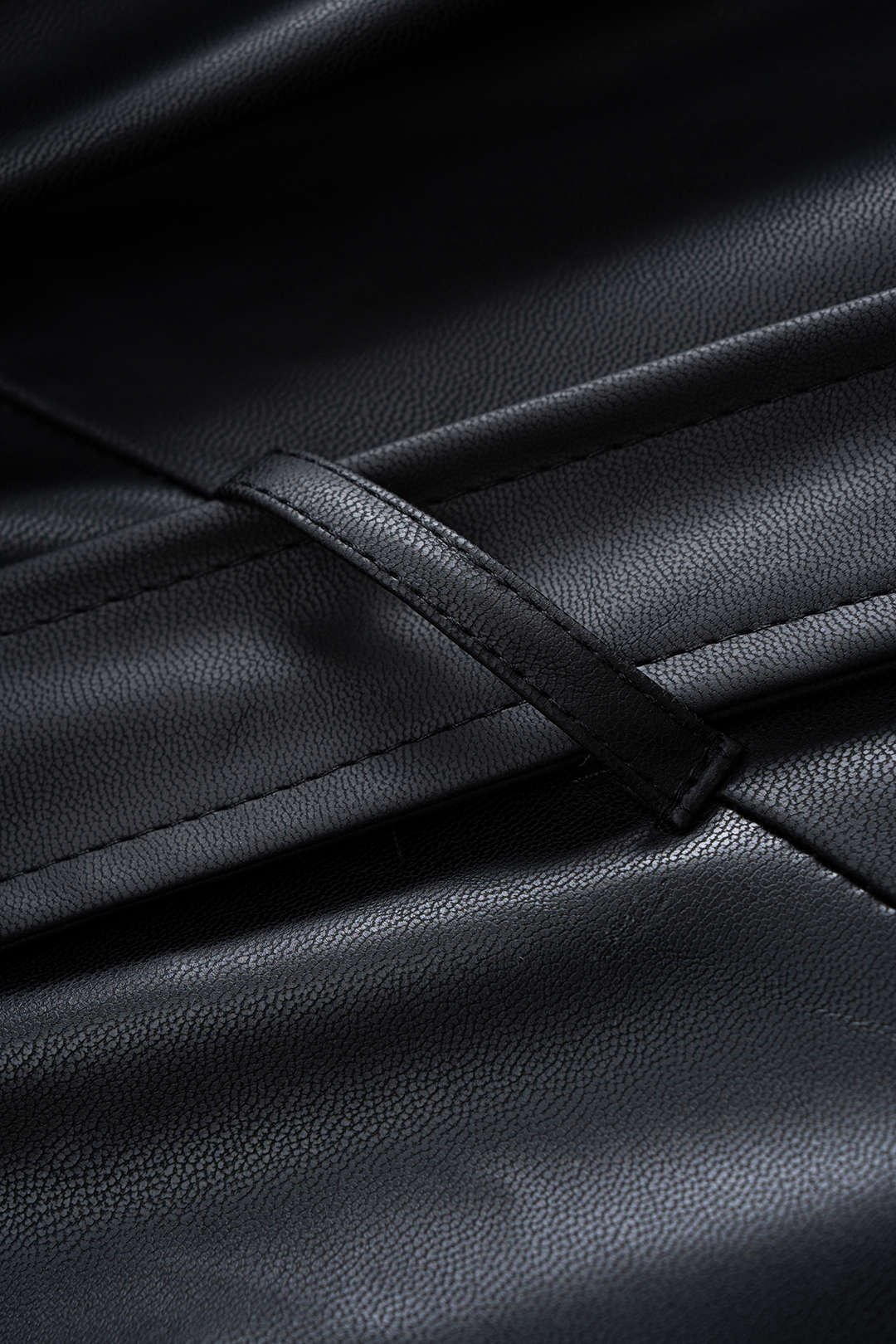 Faux Leather Notched Lapel Tie-Up Coat