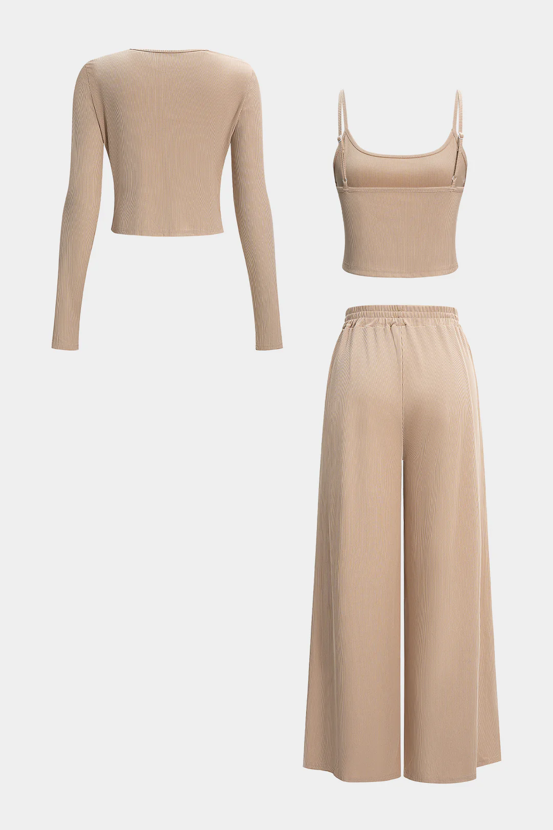 Button Long-Sleeve Top And Basic Cami Top And Wide Leg Trousers Set