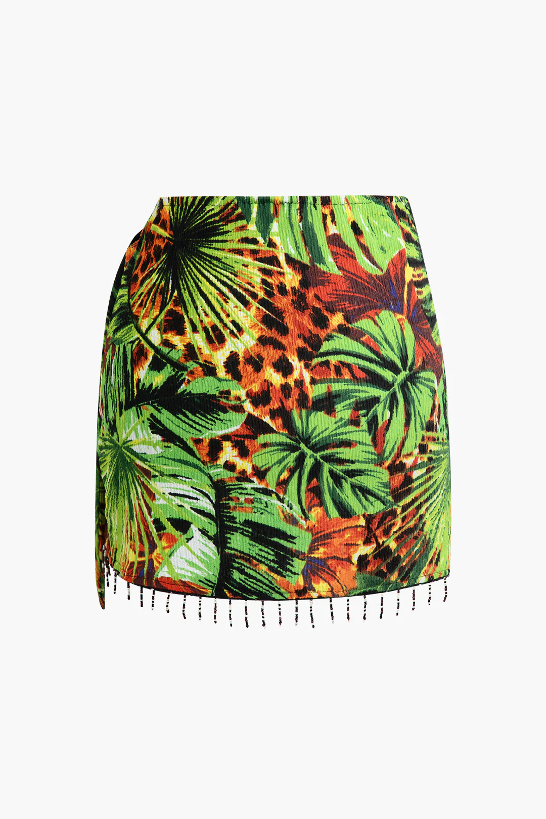 Leaf Print Fringe Knot Mini Skirt