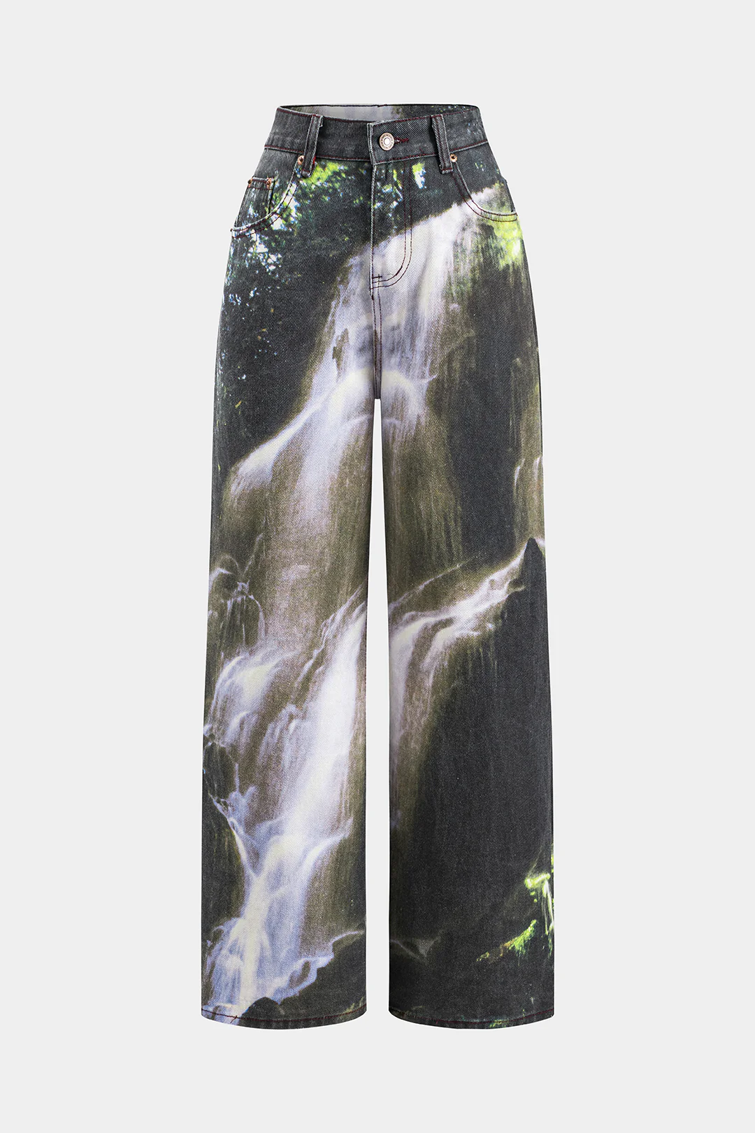 Waterfall Pattern Denim Button Pocket Wide Leg Jeans