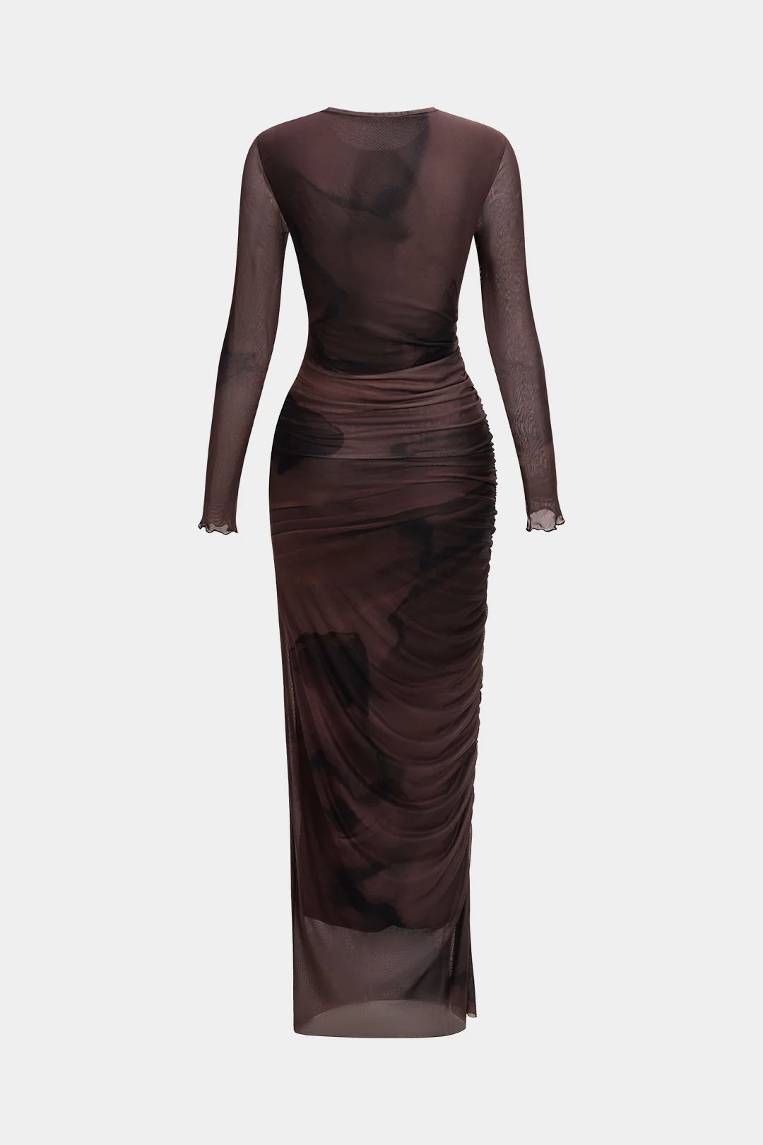 Tie-Dye Mesh Ruched Long-Sleeve Maxi Dress