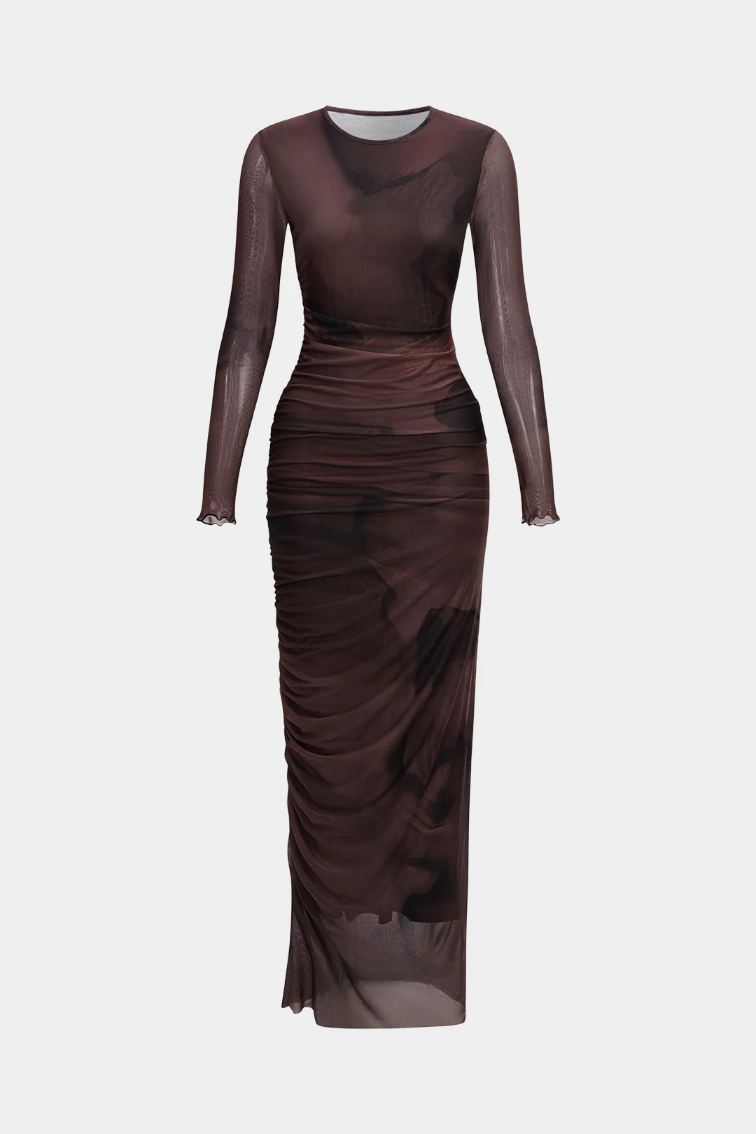 Tie-Dye Mesh Ruched Long-Sleeve Maxi Dress