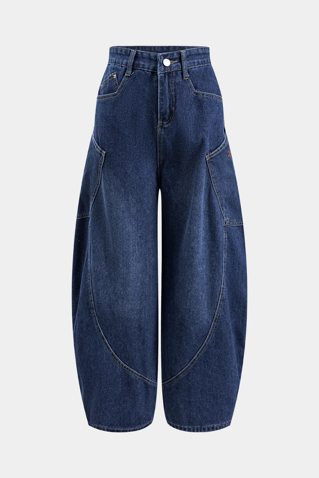 Denim Embroidered Button Pocket Wide-Leg Barrel Jeans