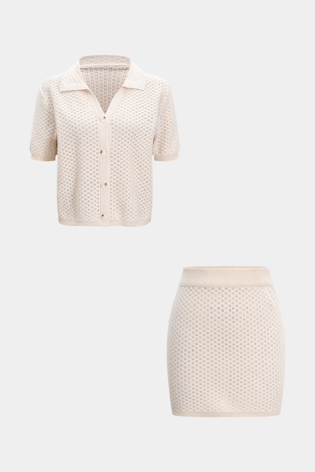 Knit Hollow-Out Button Short-Sleeve Top and Skirt Set