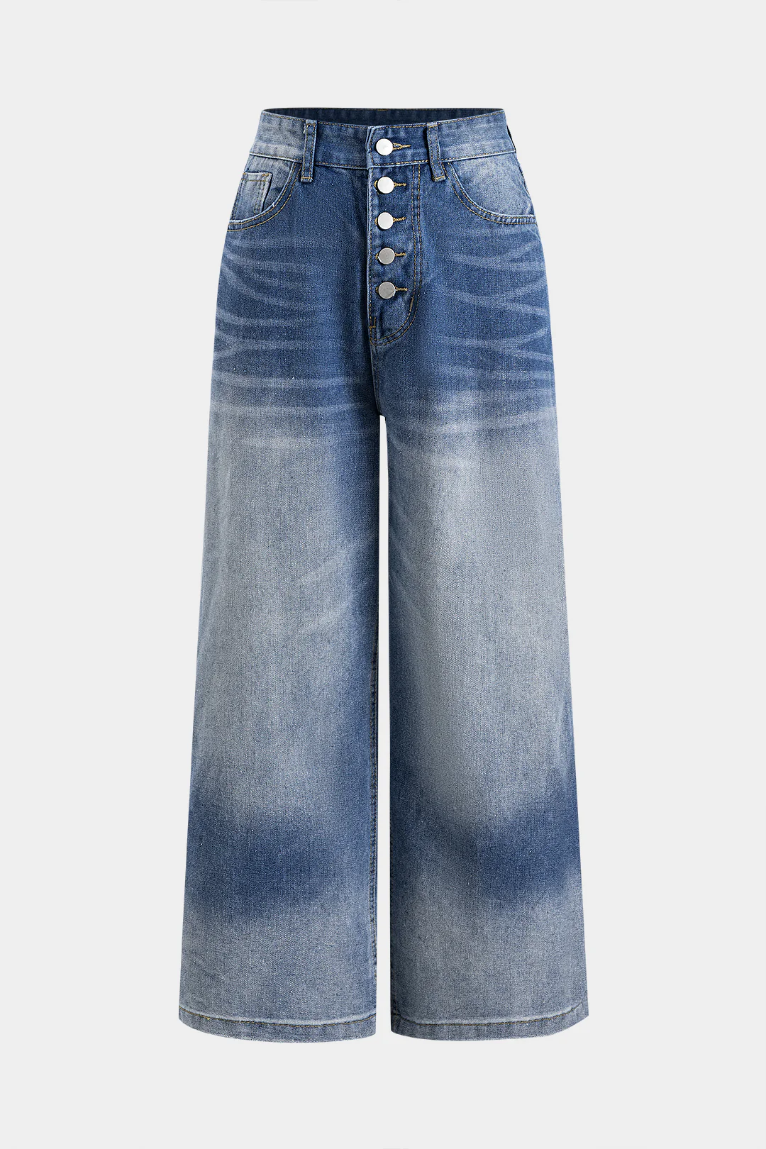 Faded Distressed Button Pocket Wide Leg Denim Jeans