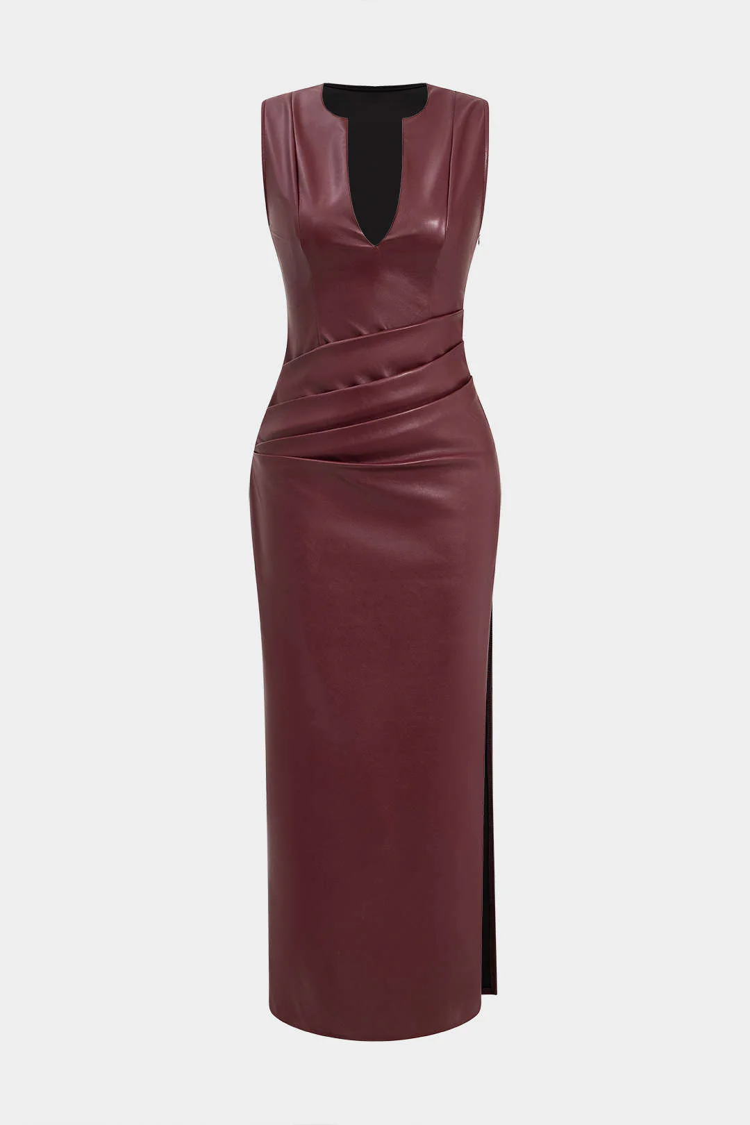 Faux Leather V-neck Ruched Long Dress