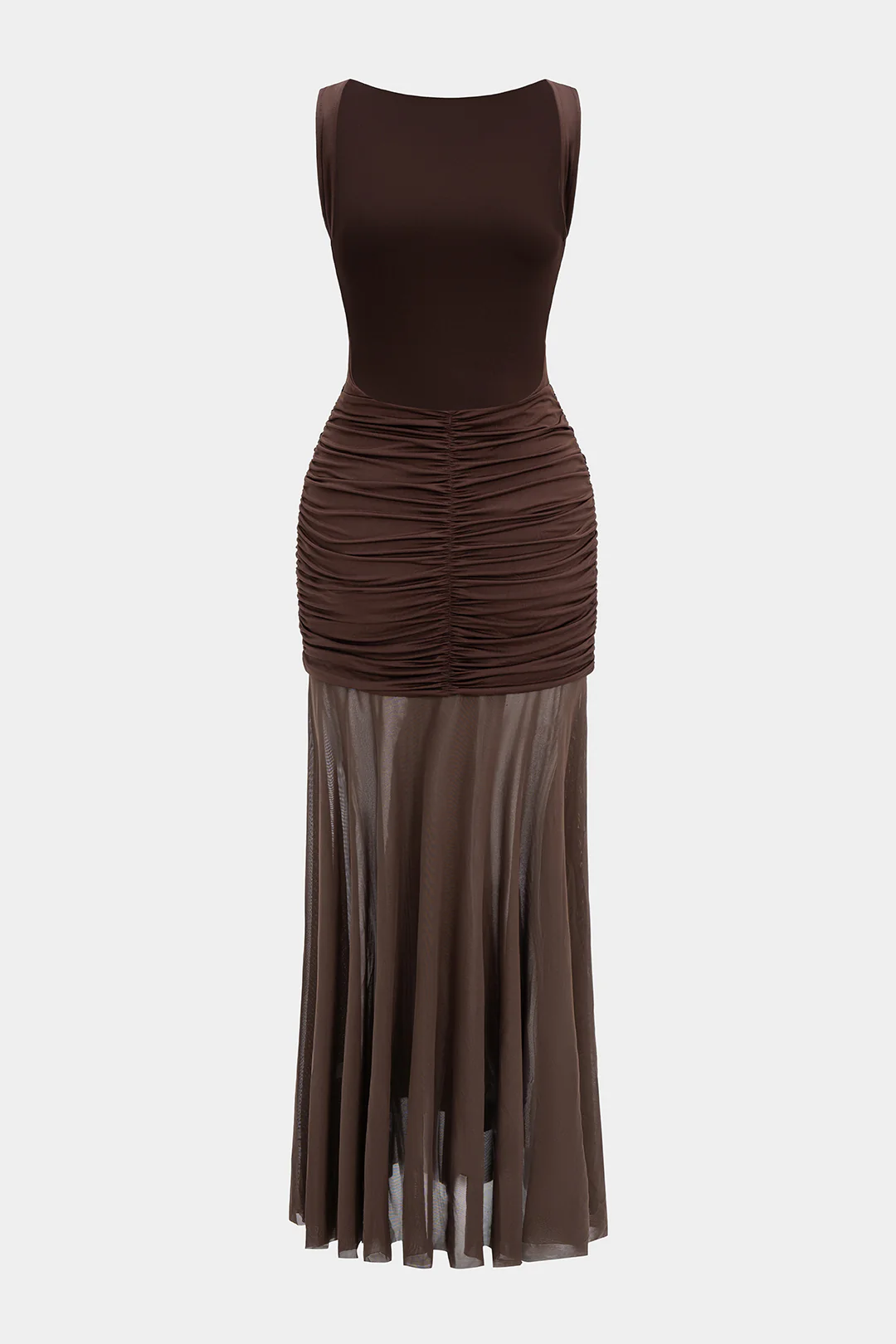Mesh Metallic Decorated Ruched Backless Sleeveless Maxi Dress