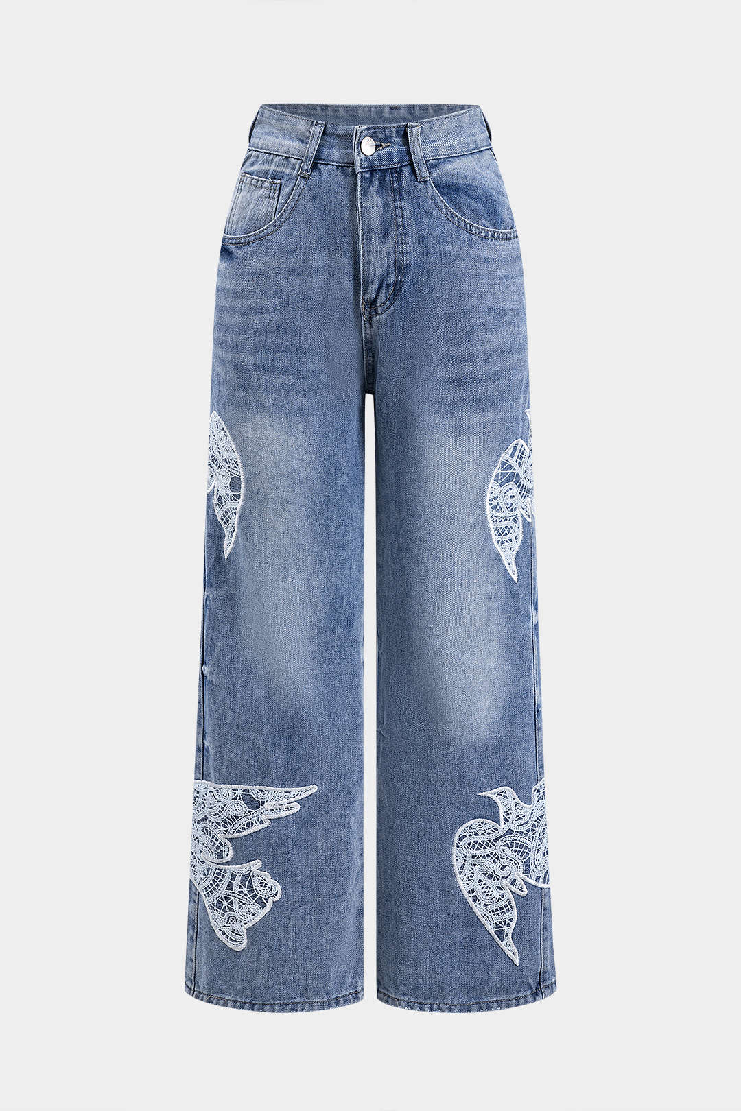 Denim Embroidery Patchwork Button Pocket Wide-Leg Jeans