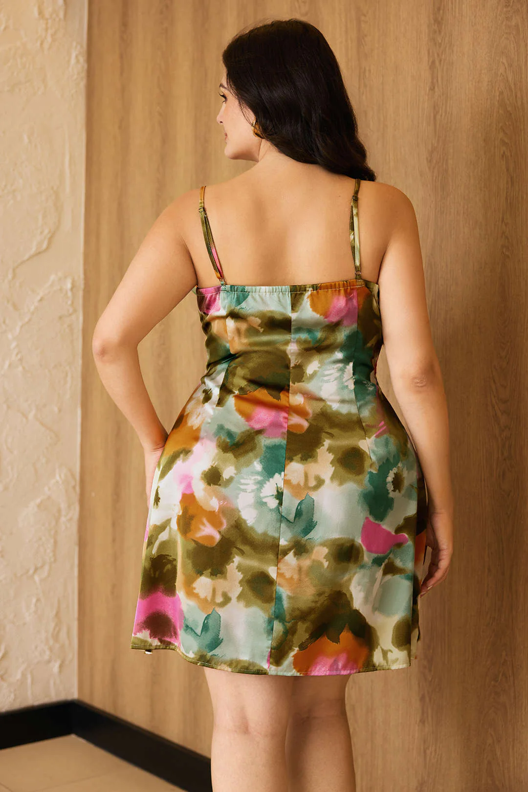 Plus Size Floral Print Satin Ruched Slip Mini Dress