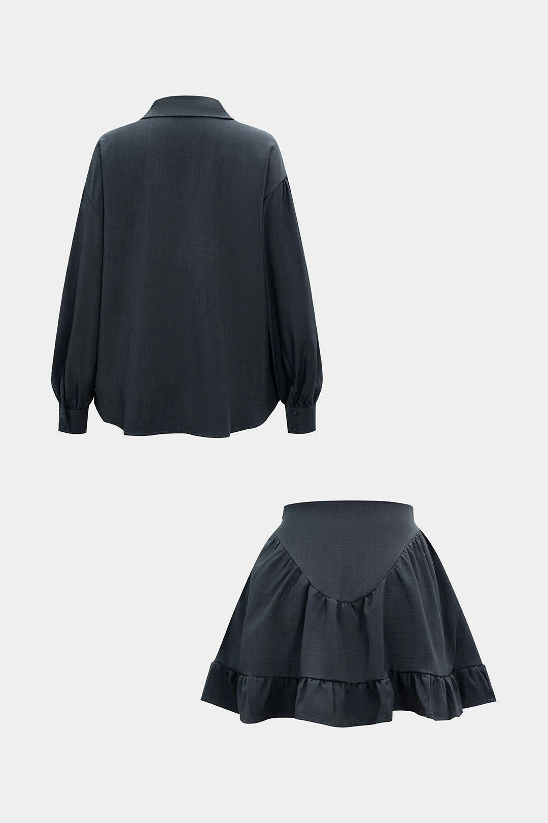 Ruched Button Long-Sleeve Top And Ruffle Mini Skirt Set
